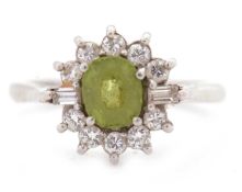 A peridot and diamond ring, the central round peridot surrounded by round brilliant cut diamonds and