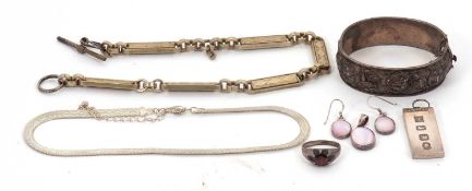 A mixed lot jewellery: to include a hinged bangle with relief rose design (tests as silver); a