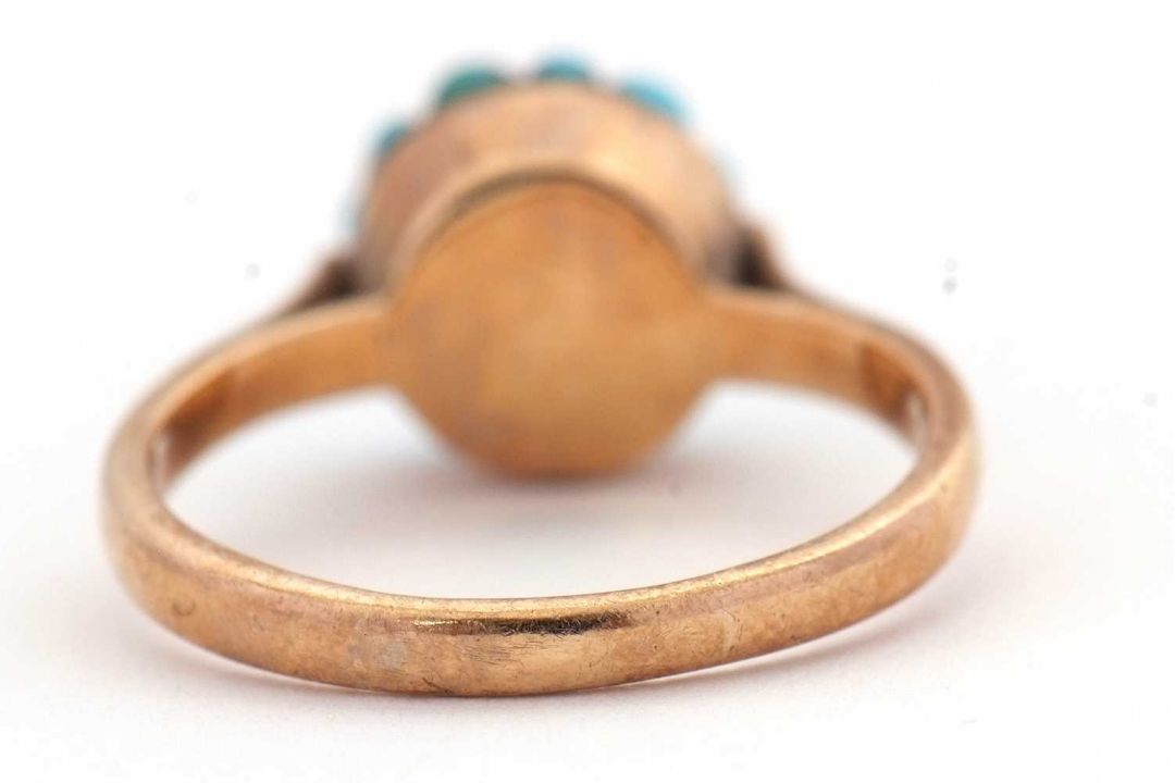A turquoise cluster ring, the cluster composed of small turquoise cabochons, in raised mount with - Image 4 of 6