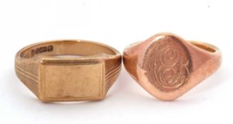 Two signet rings: to include a 9ct rectangular blank ring hallmarked Chester 1950, size U, 5.6g; and