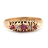 An early 20th century 18ct ruby and diamond ring, the alternating round rubies and old mine cut
