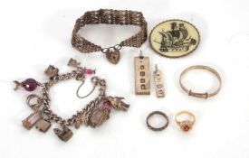 A quantity of silver jewellery, to include a charm bracelet, a gate bracelet, two ingots etc.,
