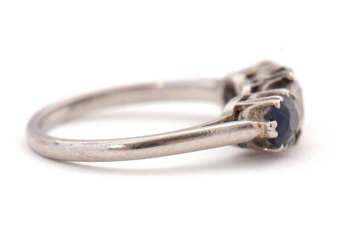 A three stone sapphire and diamond ring, the central old mine cut diamond, estimated approx. 0. - Image 2 of 9