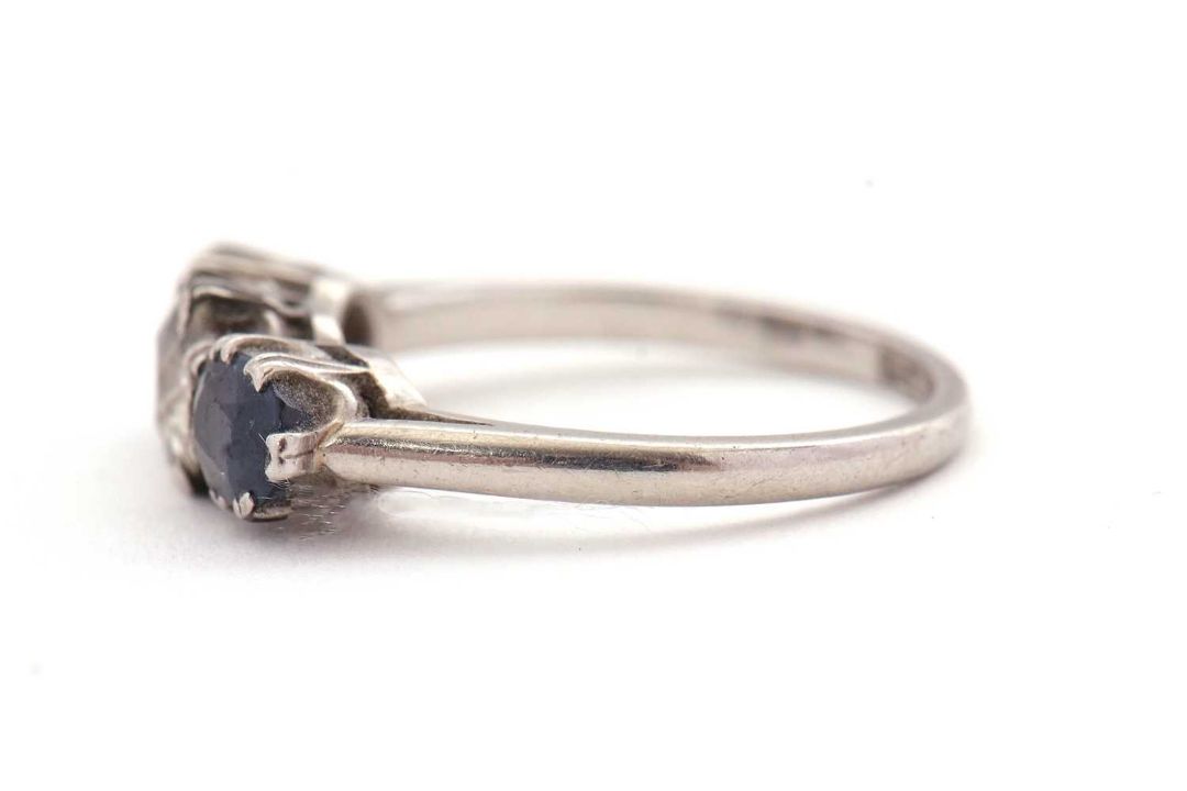 A three stone sapphire and diamond ring, the central old mine cut diamond, estimated approx. 0. - Image 3 of 9