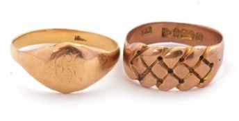 Two gold rings: to include a 9ct plaited style ring, 8mm deep, with plain band hallmarked Chester