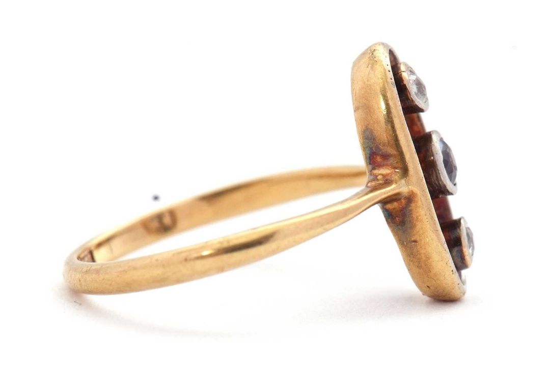 A sapphire and diamond ring, the oval frame with two collet mounted old mine cut diamonds and a - Image 2 of 7