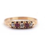 A ruby and diamond ring, set with old mine cut diamonds and mixed cut rubies, with plain band of