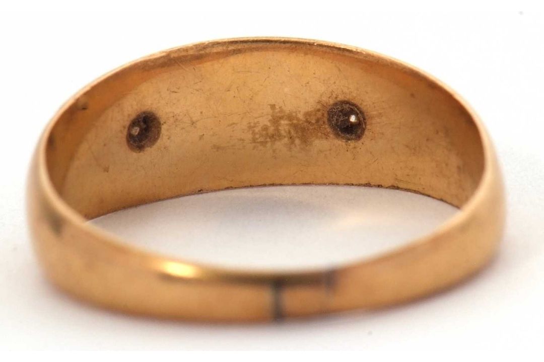 A late Victorian 18ct gold, pearl and diamond ring, the upper set with black enamel and a central - Image 3 of 6