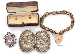 A mixed lot of jewellery: to include a pair of cased collar studs stamped 18CT, 1.4g; a yellow metal