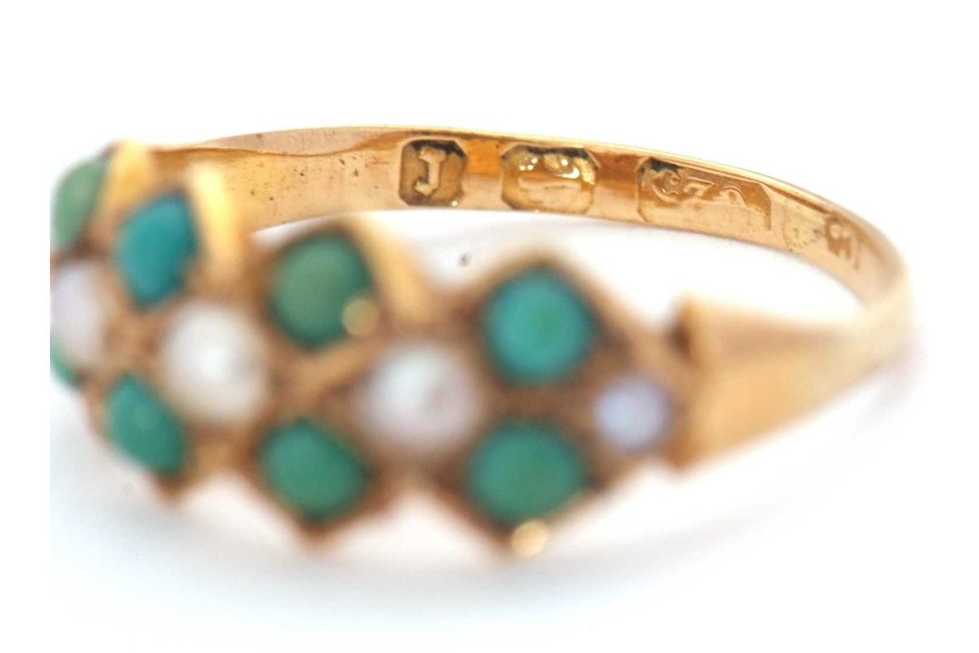 A late Victorian 15ct turquoise and pearl ring, set with round turquoise cabochons and split pearls, - Image 4 of 6
