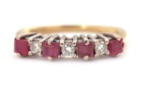 A ruby and diamond ring, the alternating square step cut rubies and round brilliant cut diamonds,