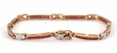 A 9ct ruby and diamond bracelet, the long rectangular links set with small round rubies and