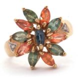 A 9ct multi gemset ring, the flower style cluster ring set with orange and green marquise gemstones,