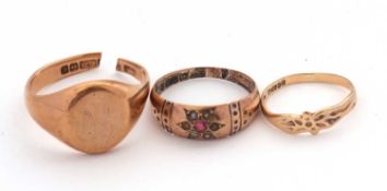 Three gold rings: to include a ruby and seed pearl ring stamped 375, size N, 1.7g (a/f); a 9ct