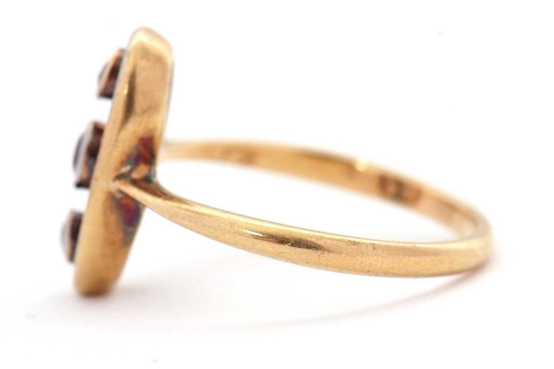 A sapphire and diamond ring, the oval frame with two collet mounted old mine cut diamonds and a - Image 6 of 7