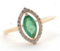 An emerald and diamond ring, the marquise emerald within an open frame of small round diamonds,