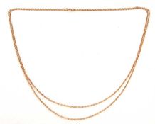 A long curblink chain, marks to clasp and jump rings worn (probably 14ct or better), 78cm long, 22.