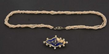 A 19th century enamel, diamond and 'pearl' brooch, the central blue enamel panel with diamond set