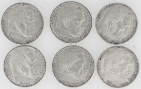 Drittes Reich 1935 A, D, E, F, G, J, Lot 5 Reichsmark - Silbermünzen "Hindenburg". Jaeger: 360,