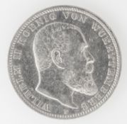 Deutsches Kaiserreich Württemberg 1908, 3 Mark - Silbermünze "Wilhelm II.". Erhaltung: ss.