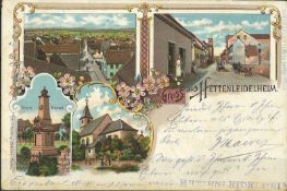 Lithografie Gruss Karte aus Hettenleidelheim, gelaufen 1900.