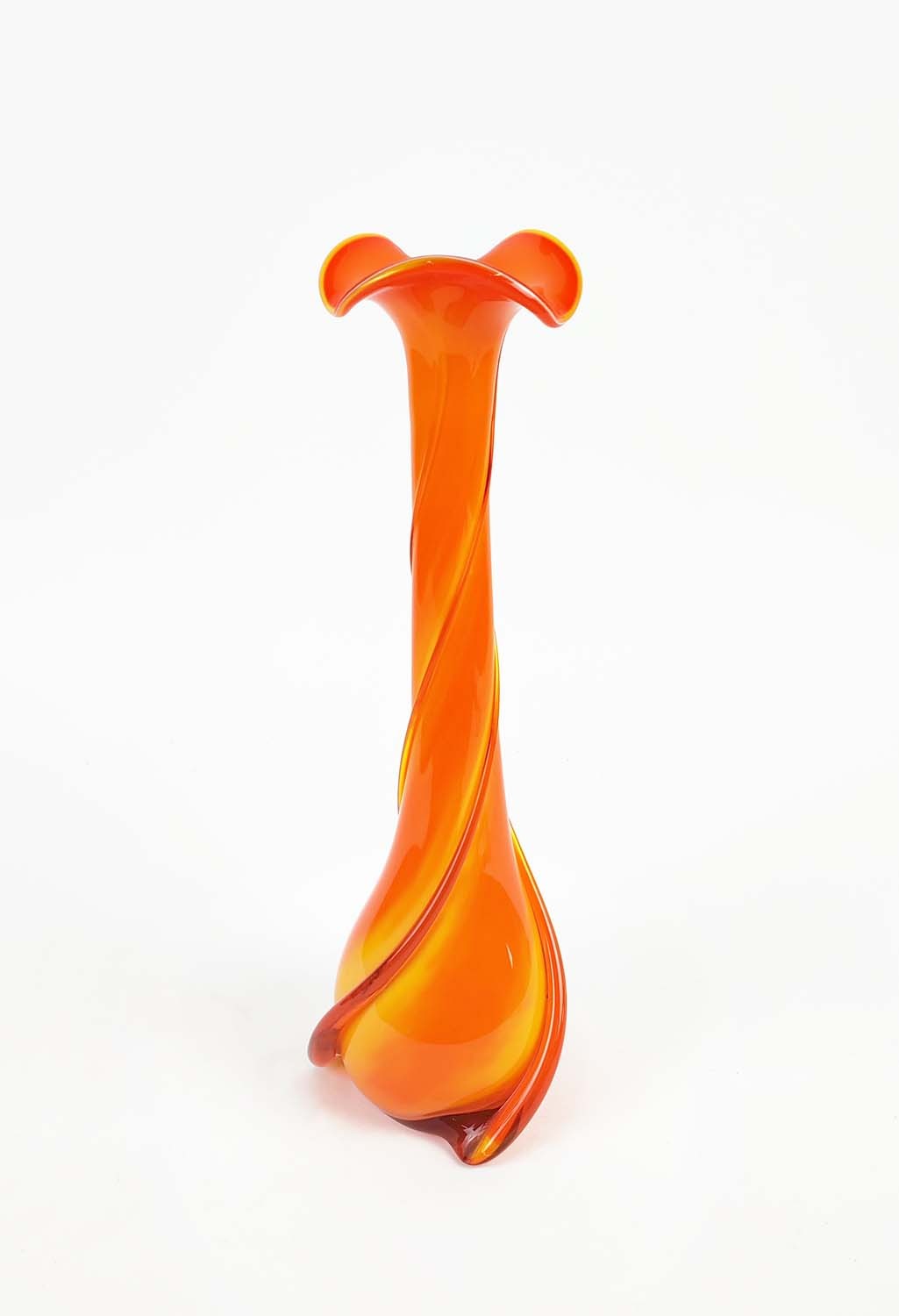 A MURANO ORANGE GLASS VASE, of slender baluster form, spiral twist decoration, 20th century, 41cm