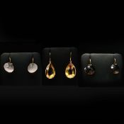 THREE PAIRS OF QUARTZ EARRINGS.