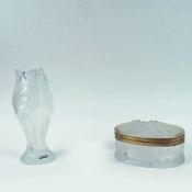 LALIQUE GLASS. COPPELIA BOX AND IRIS VASE (2).