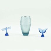 LALIQUE GLASS. LIBELLULE DRAGONFLY VASE TOGETHER WITH SAPHIRE BLUE DRAGONFLY AND BUTTERFLY SCULPTURE