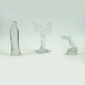 LALIQUE GLASS. FAIRY, VIRGIN MARY AND KNEELING NUDE FIGURES (3).