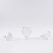LALIQUE GLASS. TWO BOXED SPARROW FIGURES AND A ROSINE VASE (3).