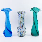 MURANO STYLE GLASS VASES, 3 DIFFERING.