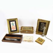 A WHITE METAL HOOKAH PIPE AND A COLLECTION OF PERSIAN KHATAM MARQUETRY ITEMS. (8).