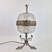 EARLY 20th CENTURY ITALIAN SILVERED METAL TABLE LAMP WITH CUT GLASS SHADE.