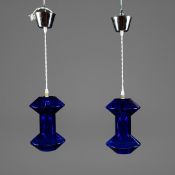 PAIR OF ITALIAN BLUE GLASS PENDANT LIGHTS.