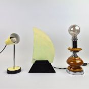 THREE 1970s ITALIAN TABLE LAMPS INCLUDING A VENETA LUMI YELLOW METAL DESK LAMP, ACRYLIC SAIL TABLE L