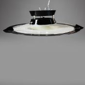 1970s ITALIAN CEILING PENDANT LIGHT WITH MURANO BLACK AND SPIRAL DESIGN GLASS SHADE.