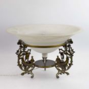 ITALIAN ART NOUVEAU GILT METAL AND WHITE MURANO GLASS CENTRE PIECE UPLIGHTER TABLE LAMP.