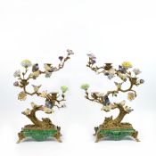 A PAIR OF BIRD AND TREE CANDELABRA.
