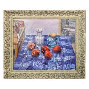 SPANISH IMPRESSIONIST SCHOOL. STILL LIFE WITH APPLES AND VASES.