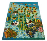 VINTAGE BIRD AND SUNFLOWER FLATWEAVE WALL HANGING.