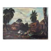 ARMAND (20TH CENTURY POSSIBLY HAITIAN). CARIBBEAN VIEW WITH FIGURES.