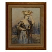 19TH CENTURY BRITISH SCHOOL. LADY CARRYING BASKET OF FRUIT.