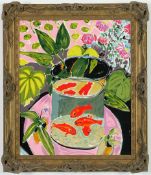 AFTER HENRI MATISSE. GOLDFISH IN A GOLDFISH BOWL ON SILK.