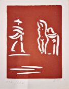 PABLO PICASSO (1881-1973). CAVALIER WALKING TOWARDS CELESTINE AND NUDE (NEW YEARS CARD FOR 1969) (S.