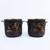 A PAIR OF 18TH/19TH CENTURY FRENCH TOLE PEINTE CACHE-POTS. (2).