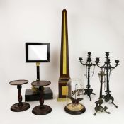 AN EMPIRE DRESSING MIRROR STAND AND A PAIR OF CANDELABRA. (QTY).