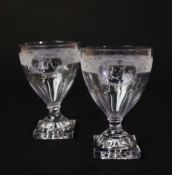 A PAIR OF 18TH CENTURY ETCHED GLASS RUMMERS (2).