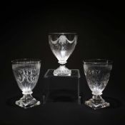A PAIR OF 18TH CENTURY ETCHED GLASS RUMMERS AND ONE OTHER. (3).