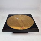 1970s BELGIUM JEAN CLAUDE DRESSE COFFEE TABLE WITH BRASS AND AGATE TOP ON LACQUERED BASE.